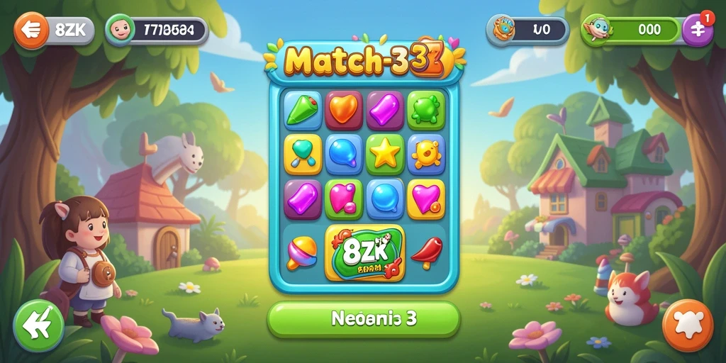 Tampilan gameplay 8ZK dengan pencocokan berwarna-warni.