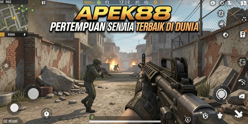 Tampilan gameplay menegangkan di APEK88 dengan pertempuran senjata.