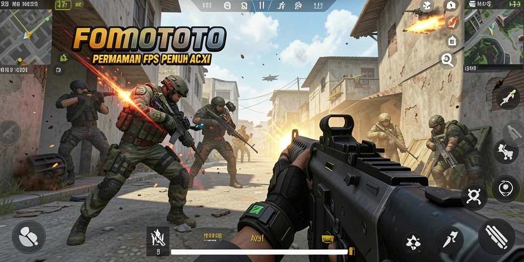Screenshot FOMOTOTO menampilkan aksi tembak-menembak yang intens dan mendebarkan.