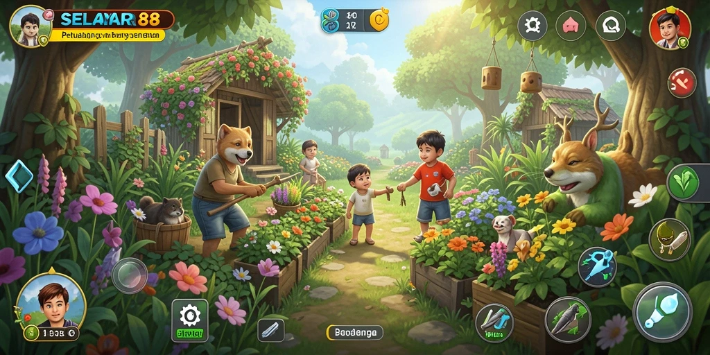 Tampilan permainan <strong>SELAYAR88</strong> yang menunjukkan kebun indah dan hewan ternak.