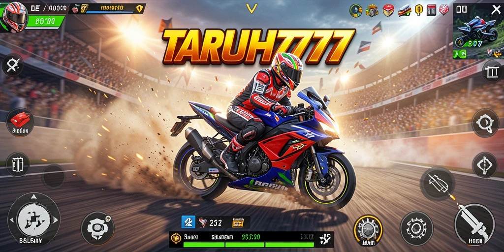 Tampilan gameplay menegangkan dari TARUH777 saat balapan motor.