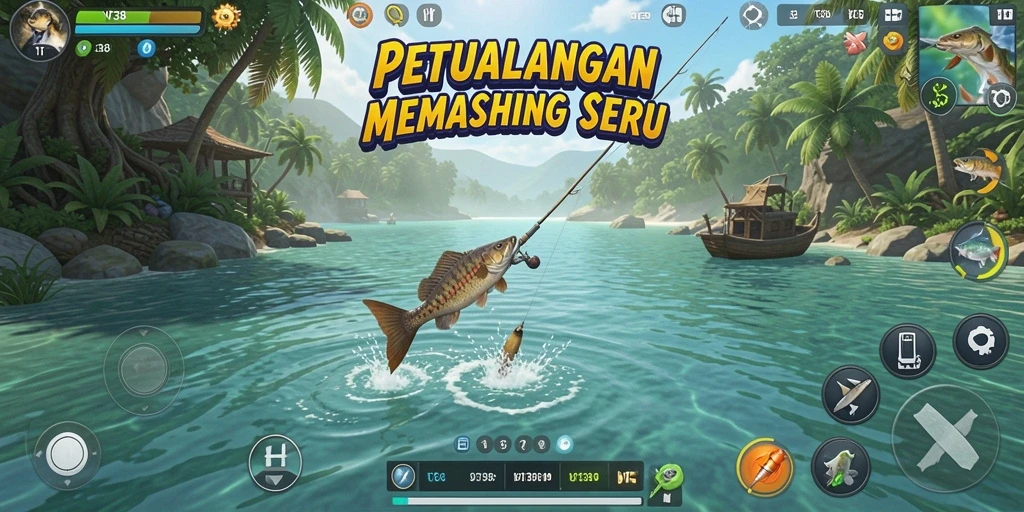 Screenshot utama VT38 menampilkan aksi memancing yang memukau dan menantang.